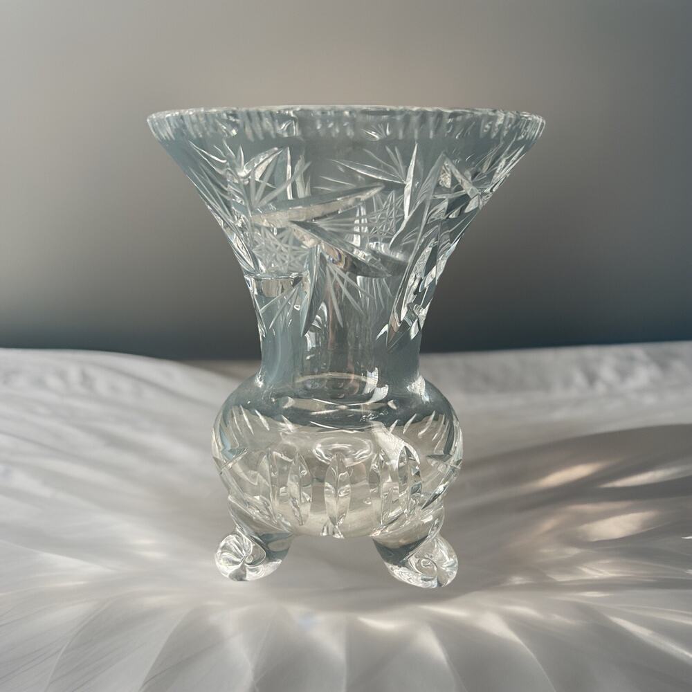 Vintage Bohemian Heavy Hand Cut 3 Footed Crystal Vase 5.75”H Clear Gift Feet